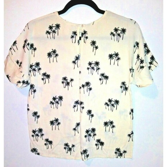 Womens H&M top Palm Trees print Sz L Ivory short sleeve boxy stretch beige black - Picture 2 of 7